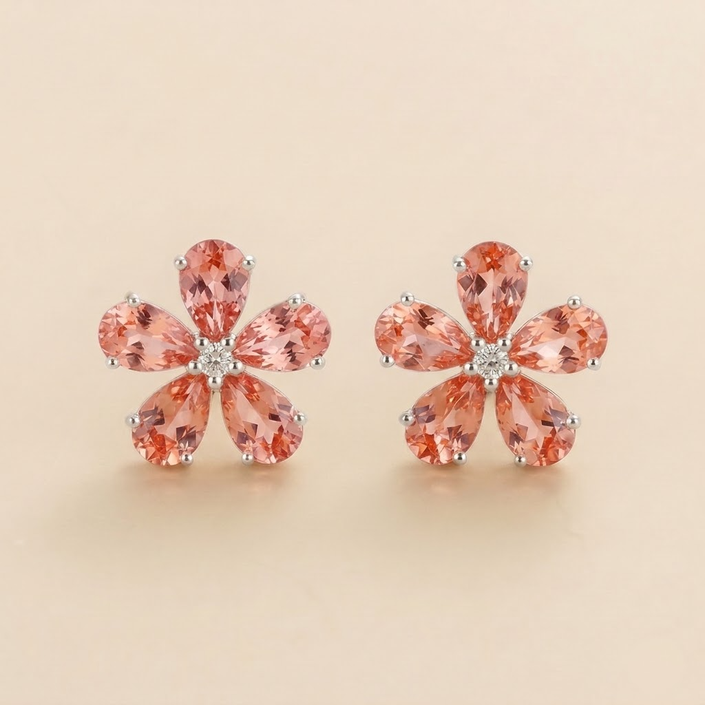 Florea Padparadscha Sapphire & Diamond Flower Stud Earrings in White Gold – front view | Juvetti