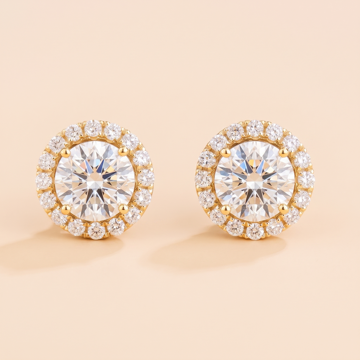 Round lab-grown diamond halo stud earrings, Floret design in gold | Juvetti London