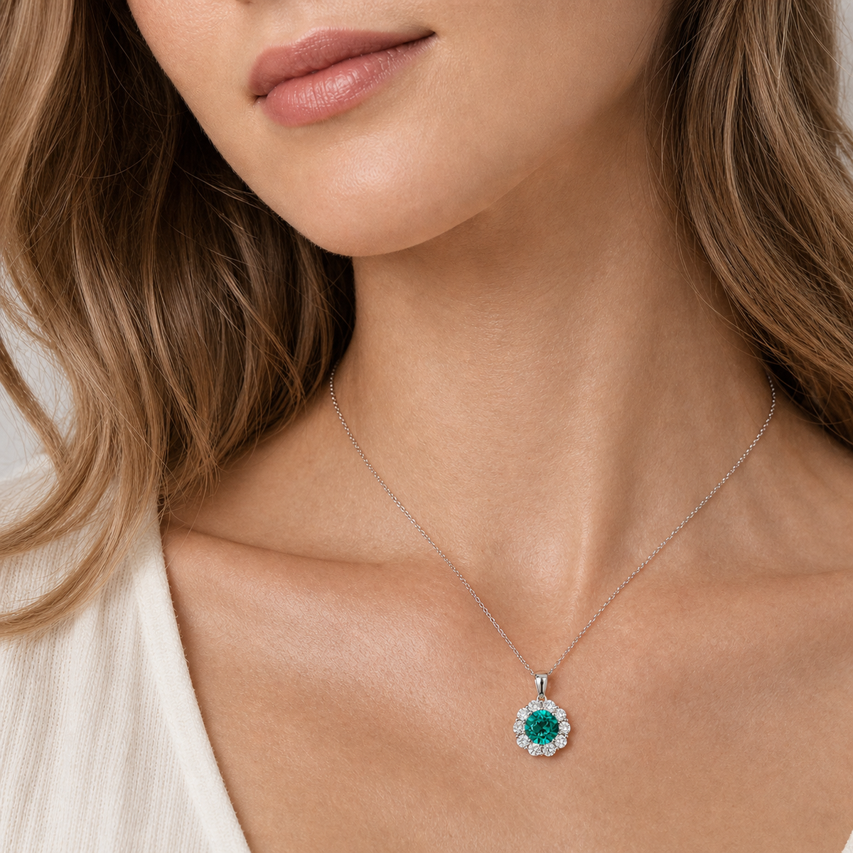 Model wearing the Floret Paraiba Sapphire & Diamond Halo Pendant Necklace