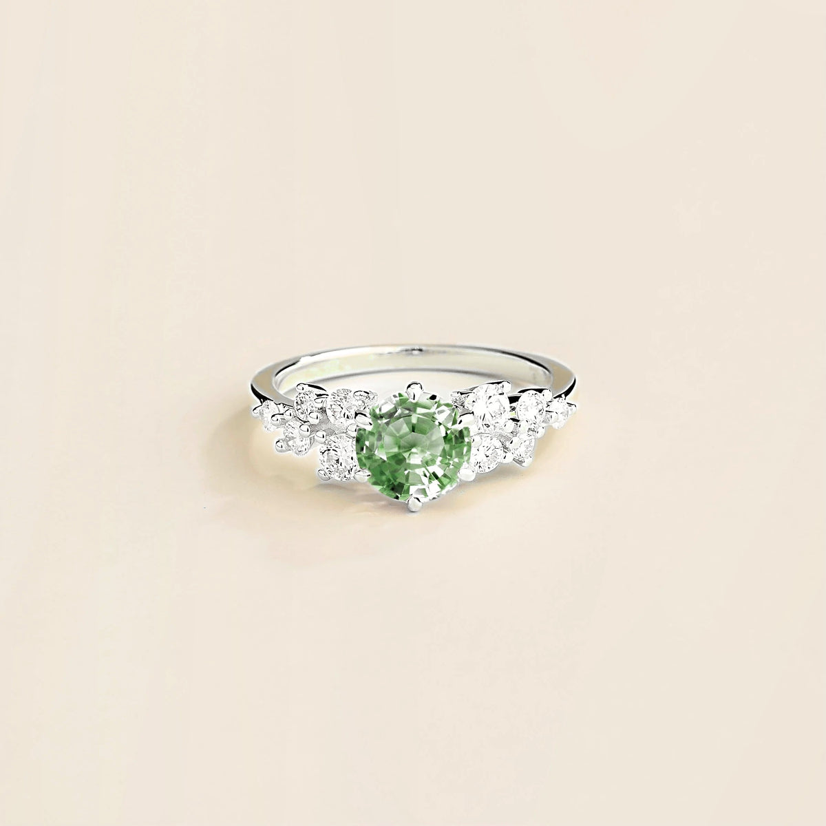 Floret round lab-grown green sapphire and diamond cluster ring in white gold – front | Juvetti London