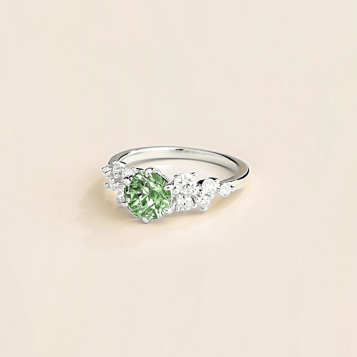Floret round lab-grown green sapphire and diamond cluster ring in white gold – side | Juvetti London