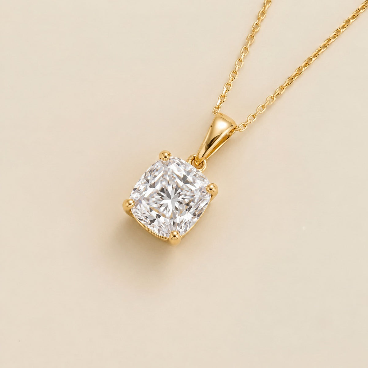 Iris cushion lab-grown diamond solitaire pendant necklace in gold – angled view | Juvetti
