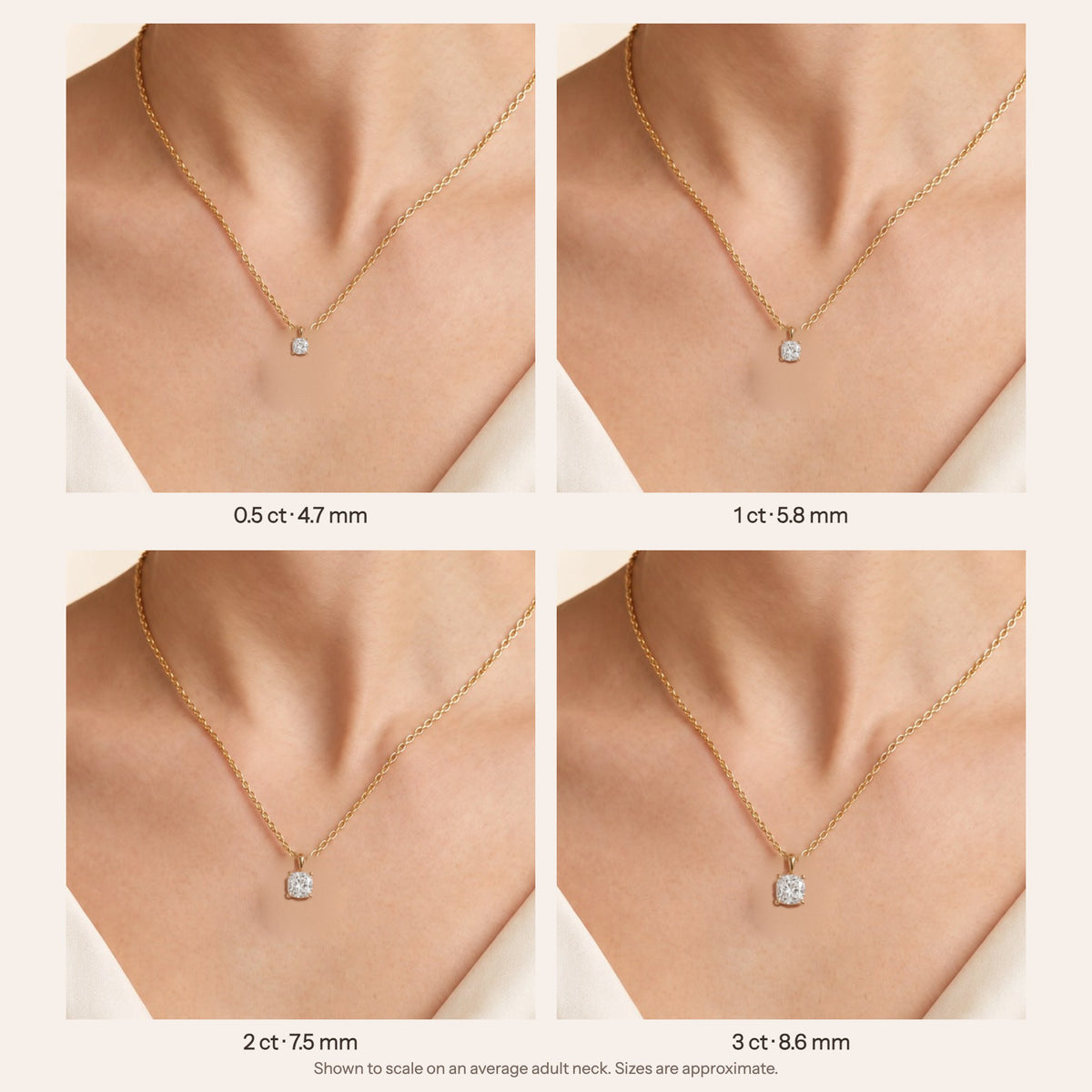 Iris cushion lab-grown diamond solitaire pendant necklace in gold – size guide on model, shown to scale (0.5 to 3 ct) | Juvetti