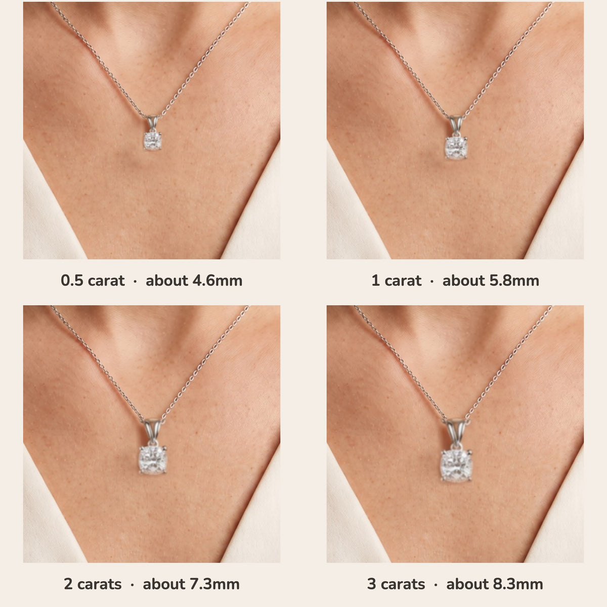 Iris cushion lab-grown diamond solitaire pendant necklace in white gold – size guide on model (0.5 to 3 carats) | Juvetti