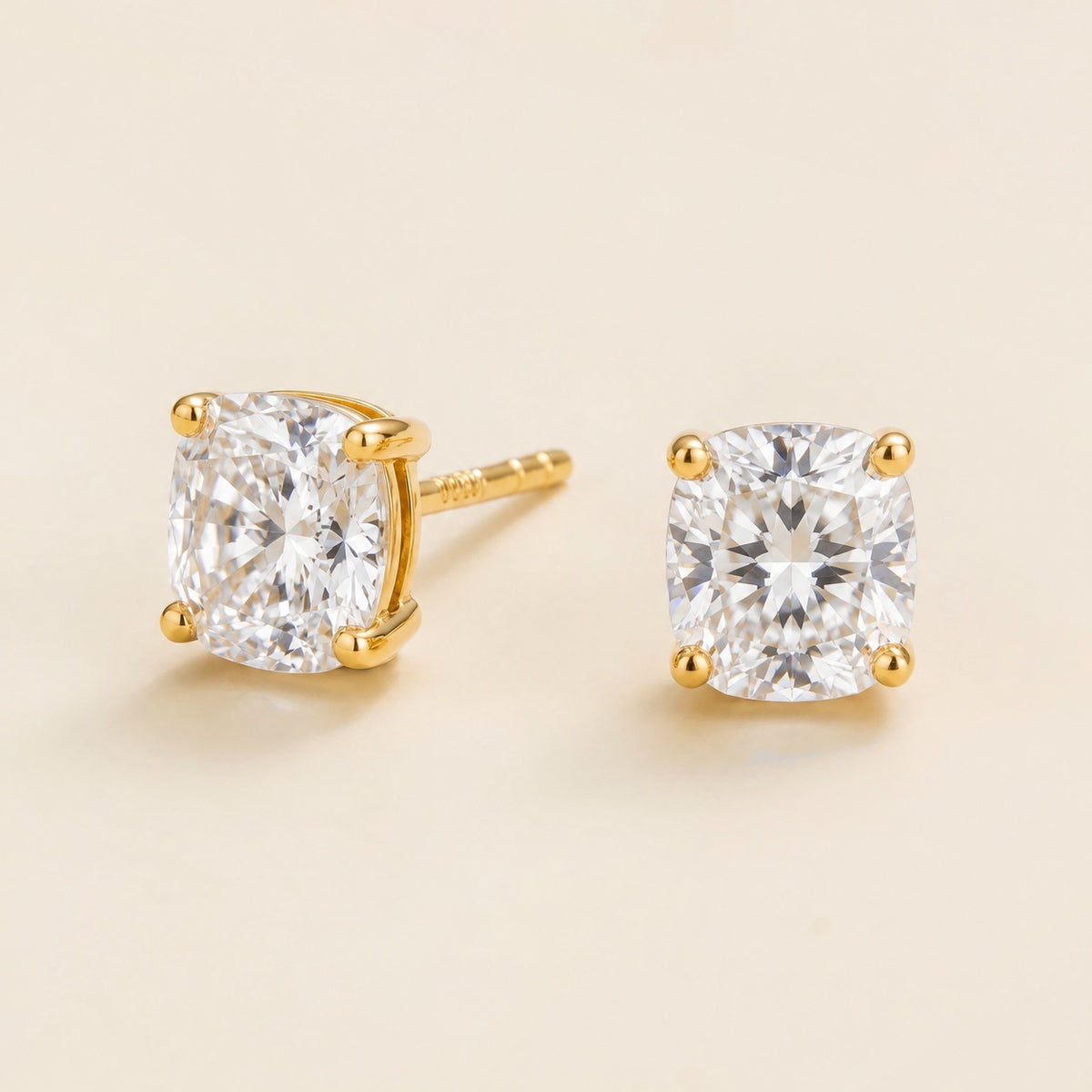 Iris cushion lab-grown diamond solitaire stud earrings in gold – angled view | Juvetti