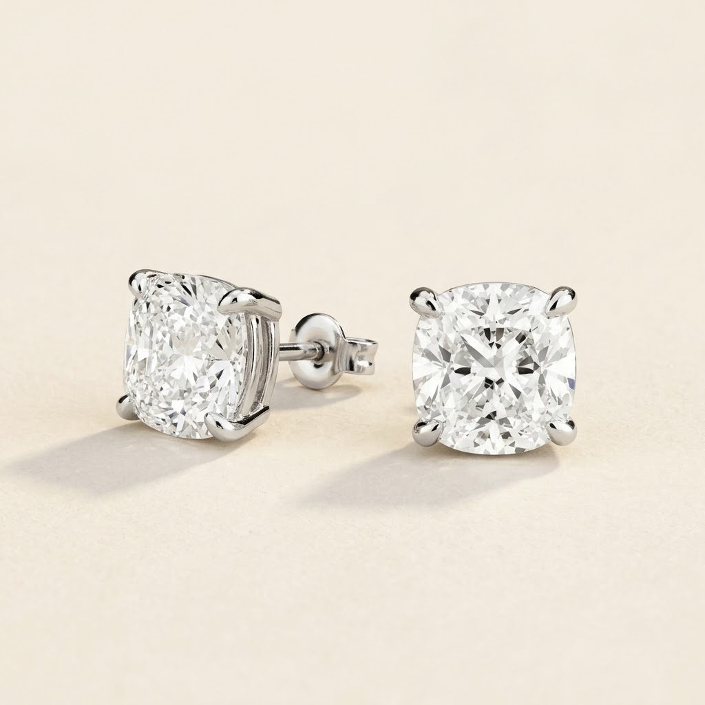 Iris cushion lab-grown diamond solitaire stud earrings in white gold – angled view | Juvetti
