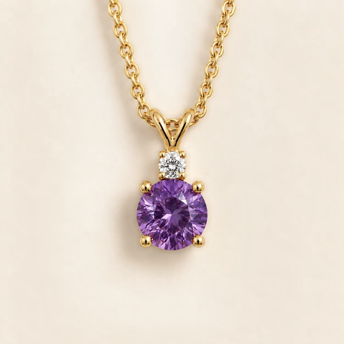 Joie Round Purple Sapphire & Diamond Drop Pendant Necklace In Gold by Juvetti, bespoke jewellery London