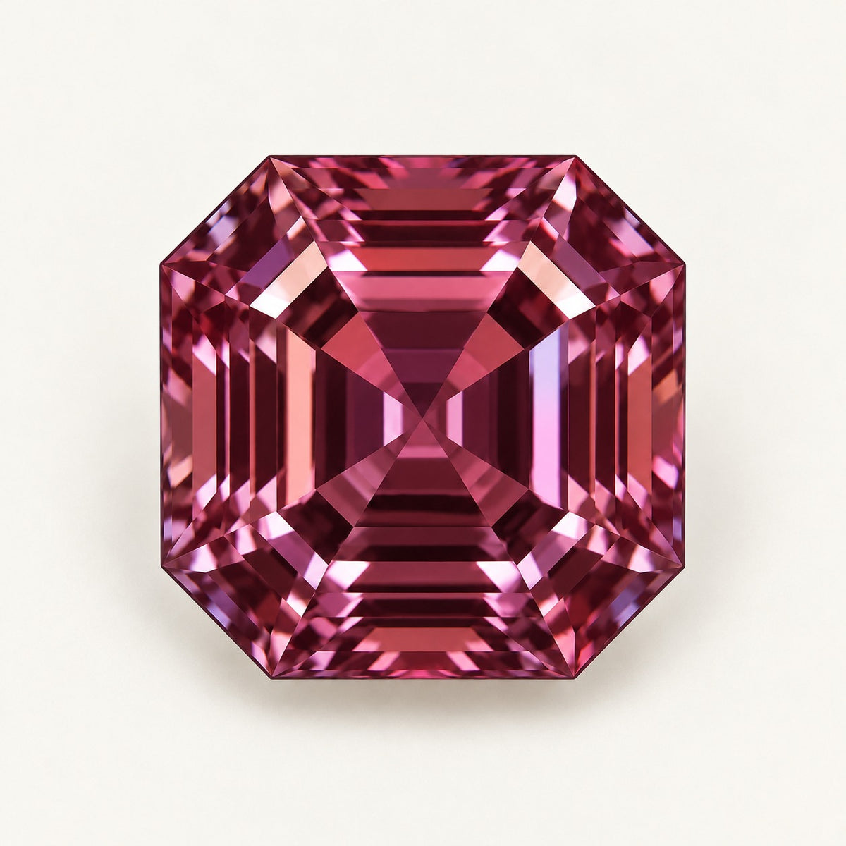 Lab-grown alexandrite, Asscher cut, under warm indoor light