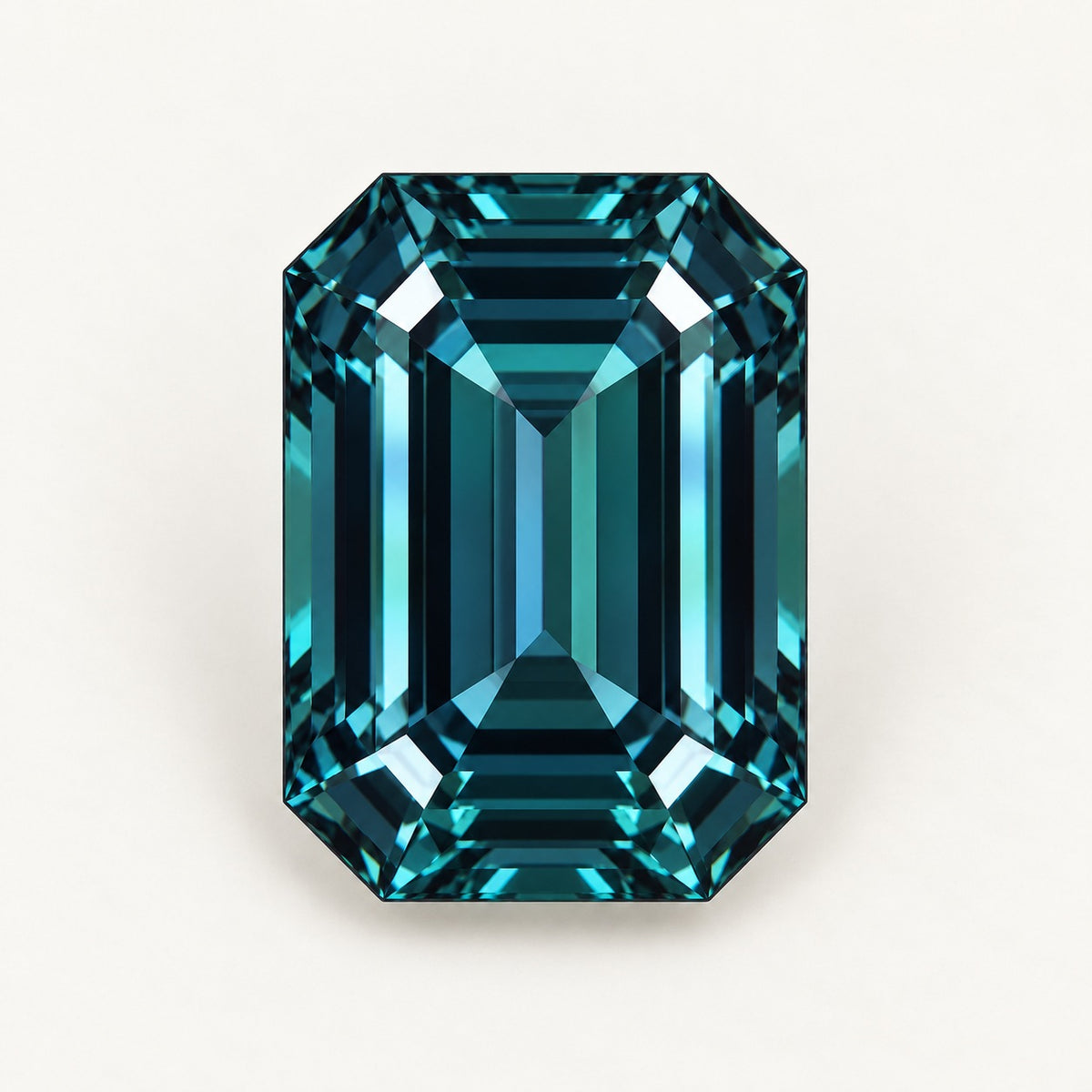 Lab-grown alexandrite, emerald cut, in daylight