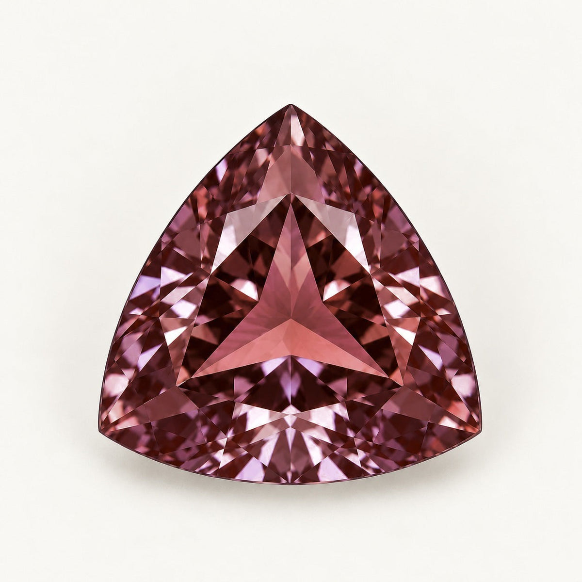 Lab-grown alexandrite, trillion cut, under warm indoor light