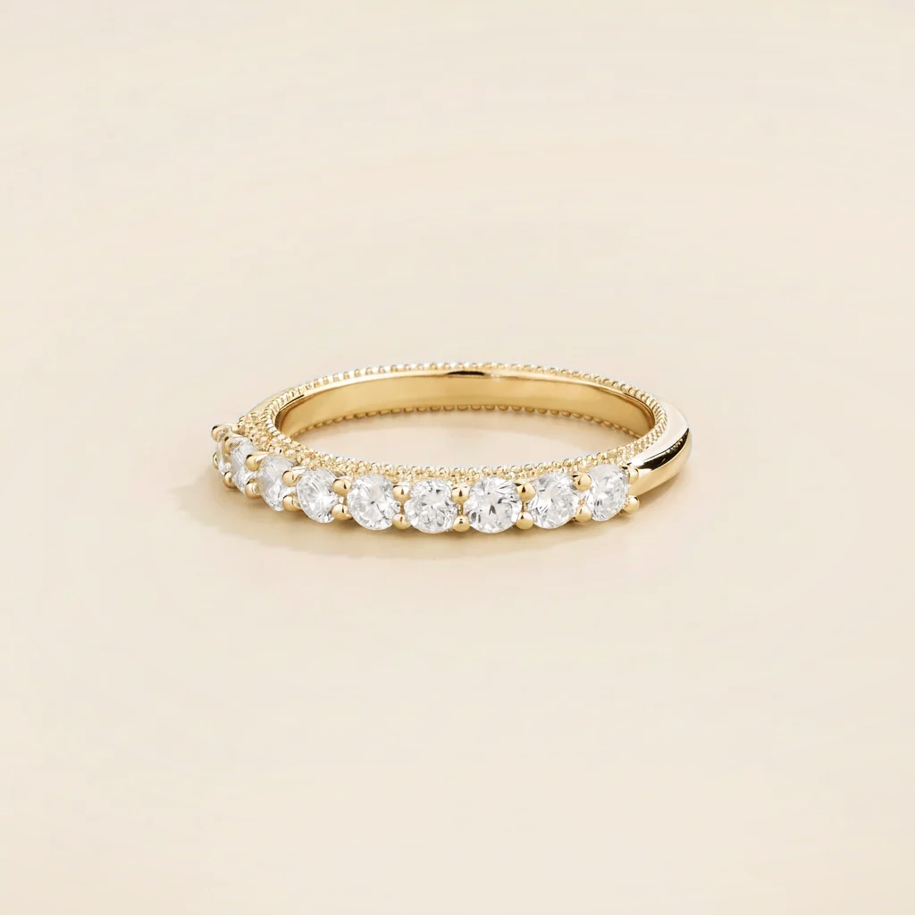 Tempo half eternity wedding band in gold, round lab-grown diamonds with milgrain edges, side view