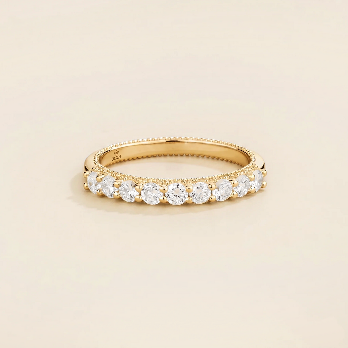 Tempo half eternity wedding band in gold, round lab-grown diamonds with milgrain edges