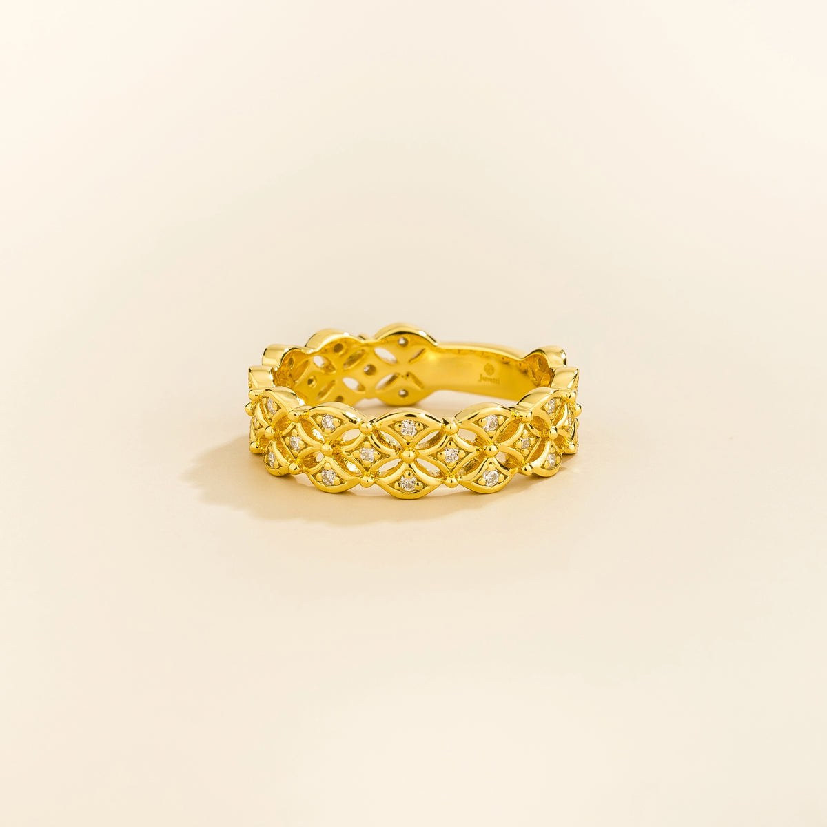 Padre openwork floral diamond eternity ring in gold, lab-grown diamonds in each flower, front view