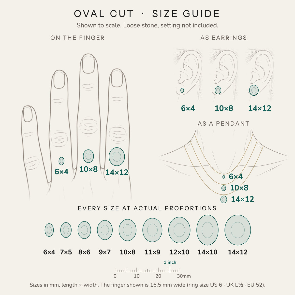Oval cut size guide: every size shown to scale on a finger, ear and neck, with a mm ruler
