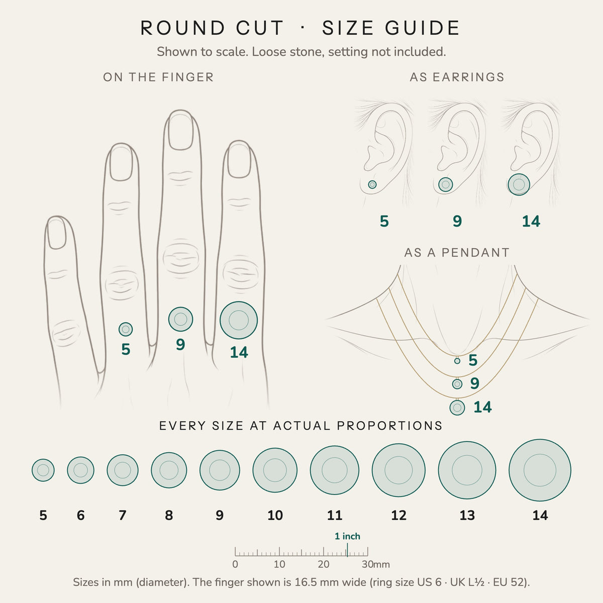 Round cut size guide: every size shown to scale on a finger, ear and neck, with a mm ruler