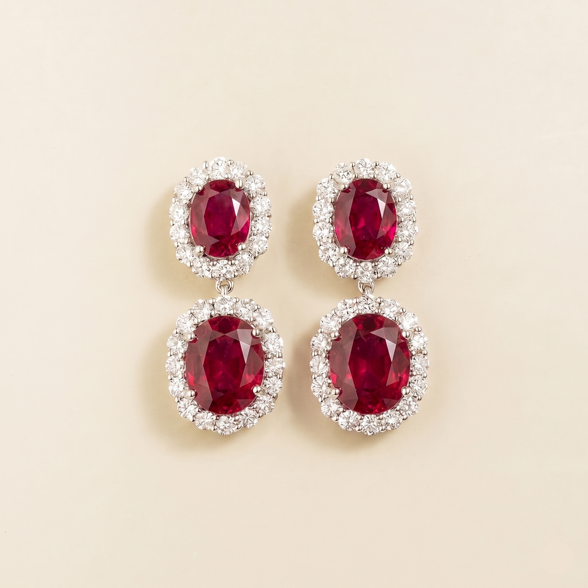 Salve oval ruby and diamond halo drop earrings in white gold, two lab-grown rubies per earring, each framed by diamonds