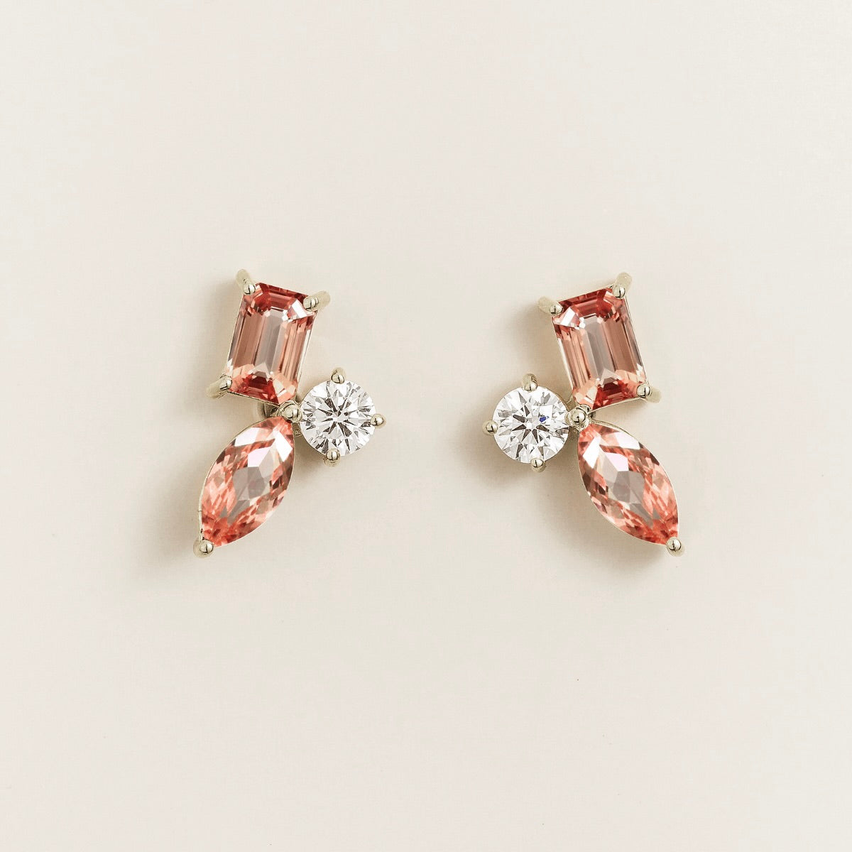 Sanka padparadscha sapphire cluster stud earrings in white gold: baguette and marquise lab-grown sapphires, round diamond