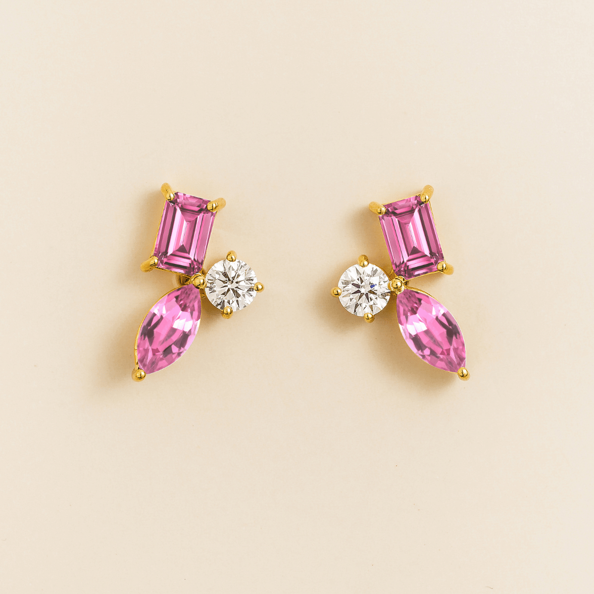 Sanka pink sapphire cluster stud earrings in gold: baguette and marquise lab-grown sapphires, round diamond
