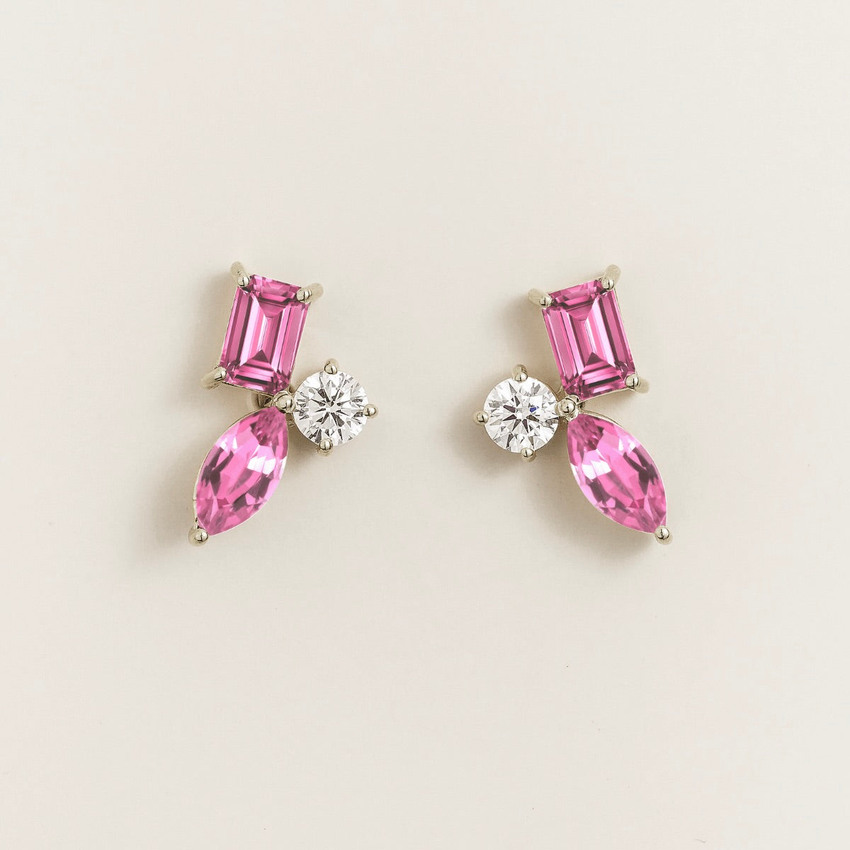 Sanka pink sapphire cluster stud earrings in white gold: baguette and marquise lab-grown sapphires, round diamond