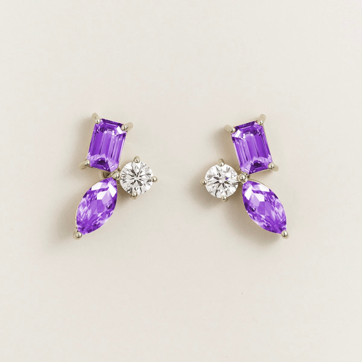 Sanka purple sapphire cluster stud earrings in white gold: baguette and marquise lab-grown sapphires, round diamond