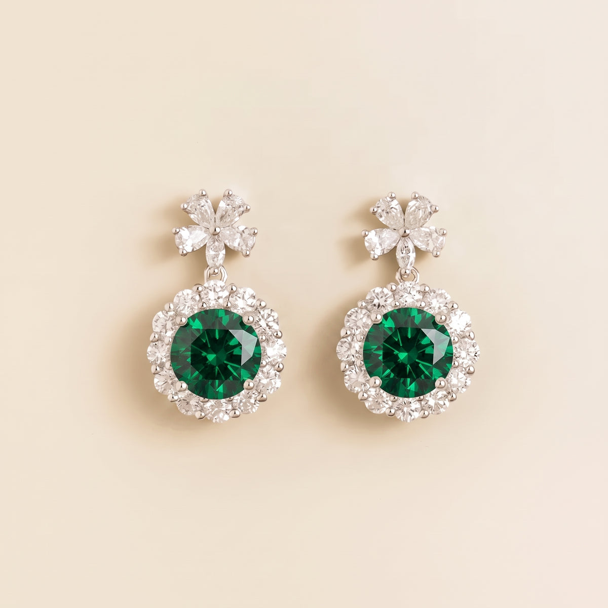 Antoinette round emerald & diamond halo flower drop earrings in white gold