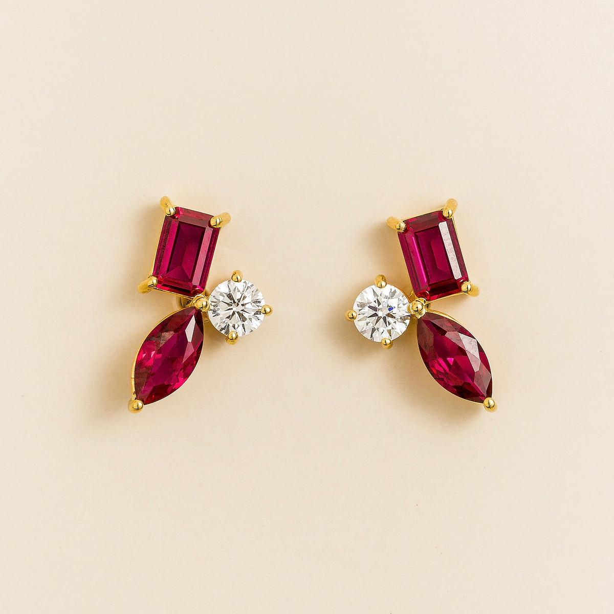 Sanka ruby cluster stud earrings in gold: baguette and marquise lab-grown rubies, round diamond