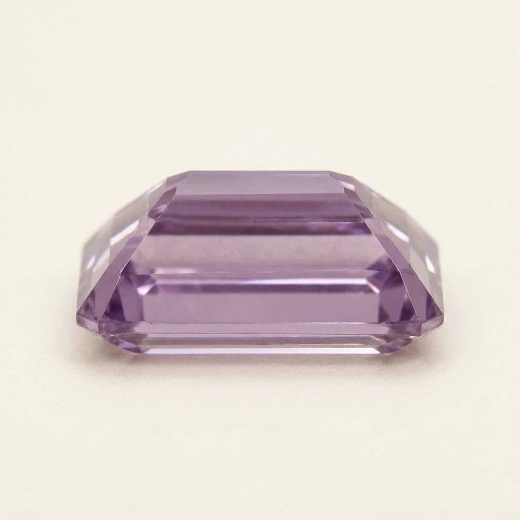 Lavender lab-grown sapphire, baguette cut, side view