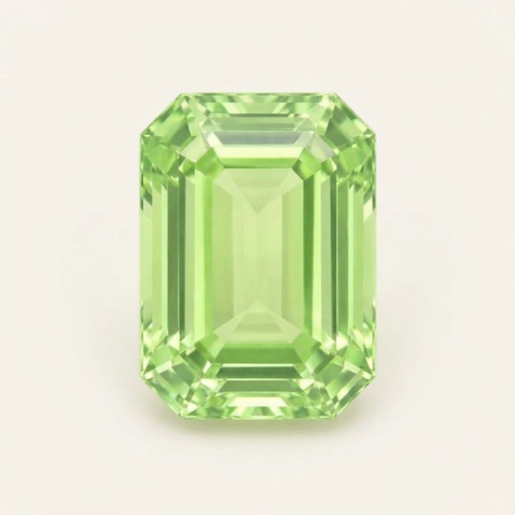 Lime green lab-grown sapphire, emerald cut