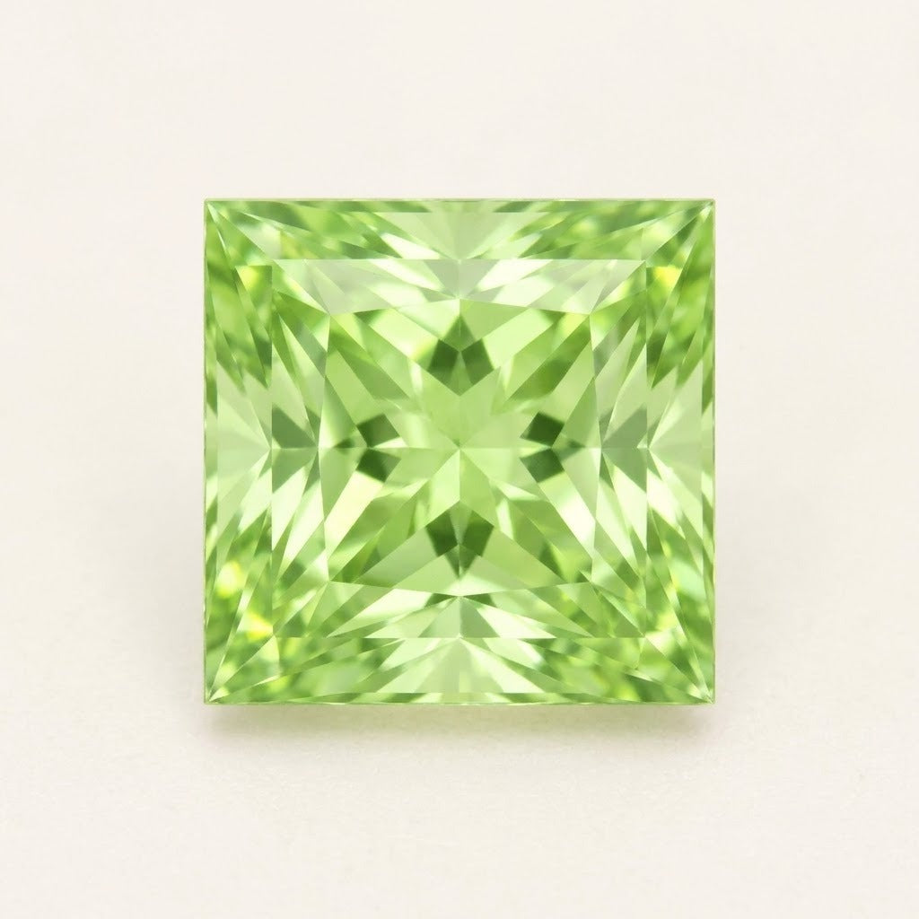 Lime green lab-grown sapphire, princess cut