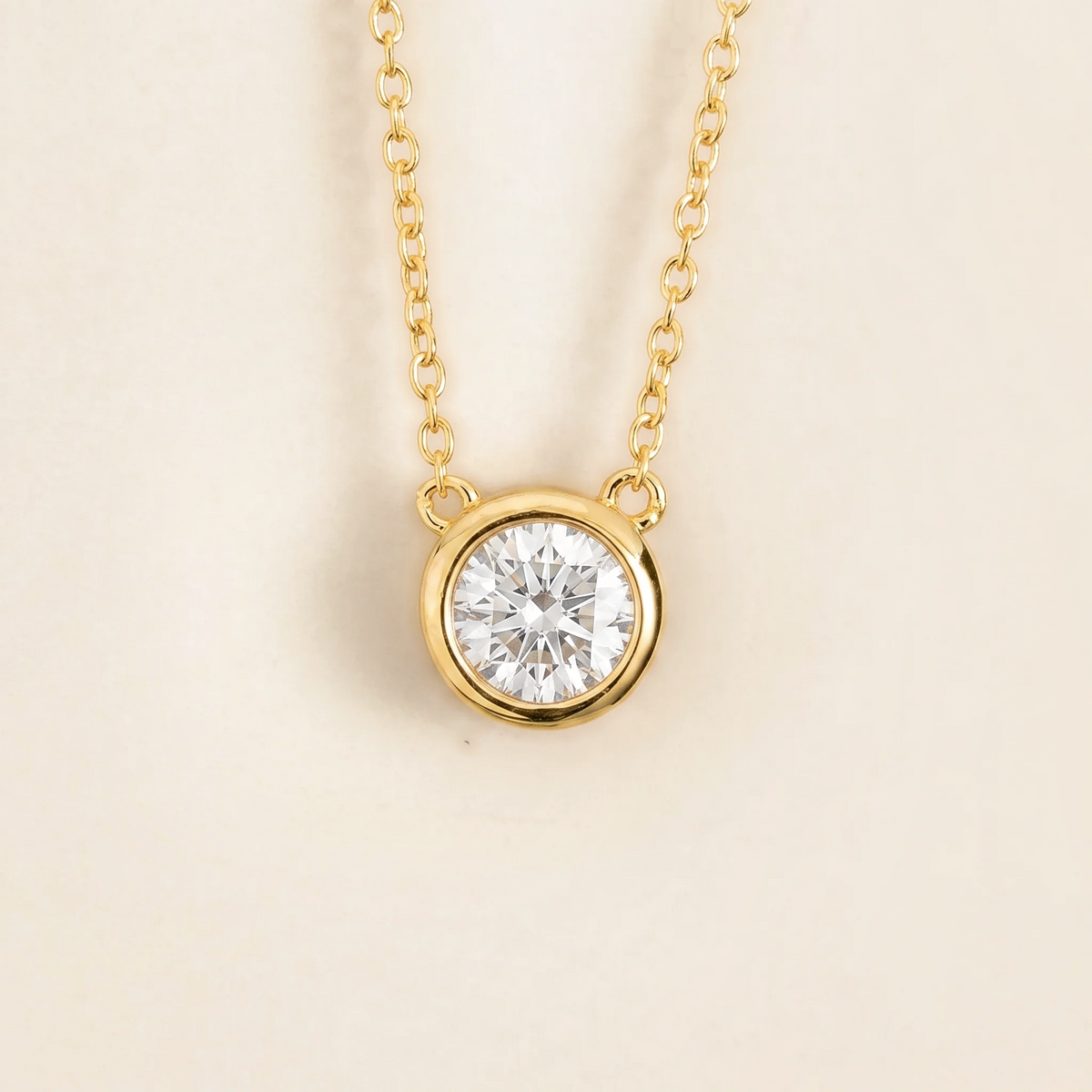 Margo Diamond Round Bezel Set Solitaire Gold Necklace by Juvetti, bespoke jewellery London
