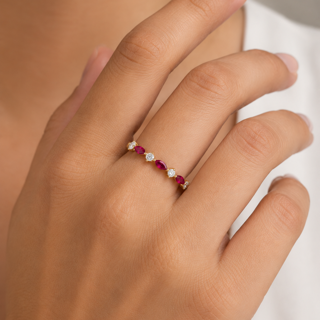Marquise Ruby & Diamond Half Eternity Band Gold Ring
