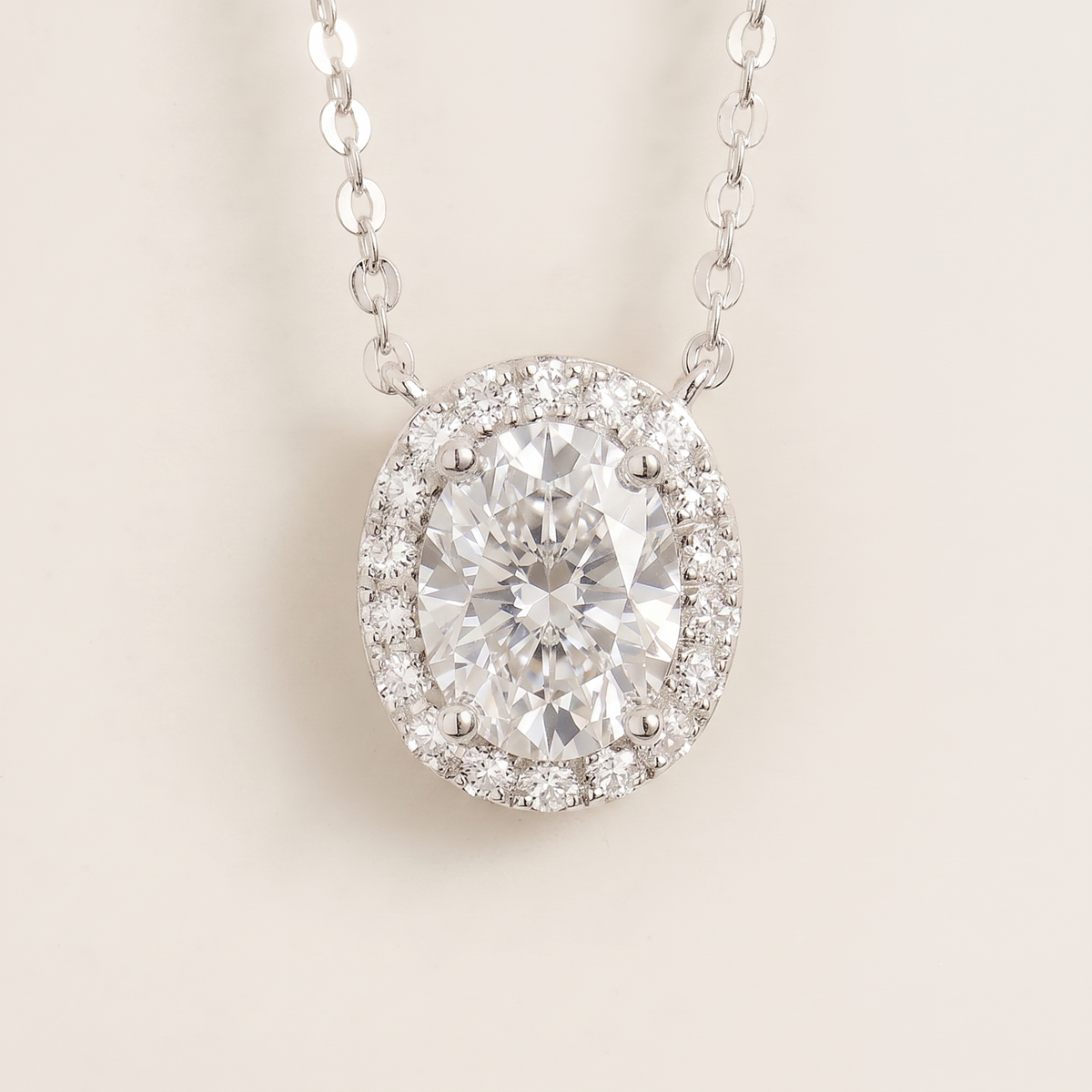 Oval lab-grown diamond and diamond halo Mina necklace in white gold | Juvetti London