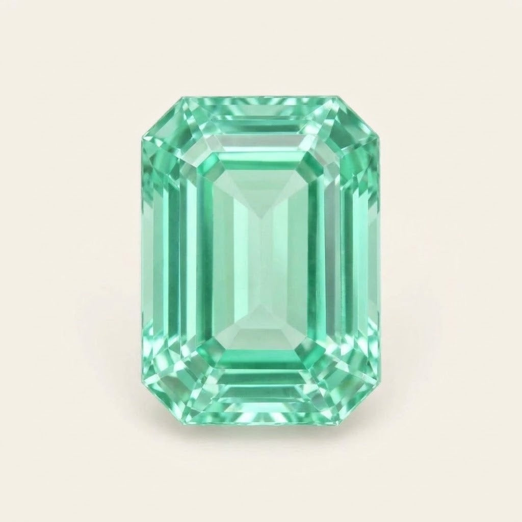 Mint green lab-grown sapphire, emerald cut
