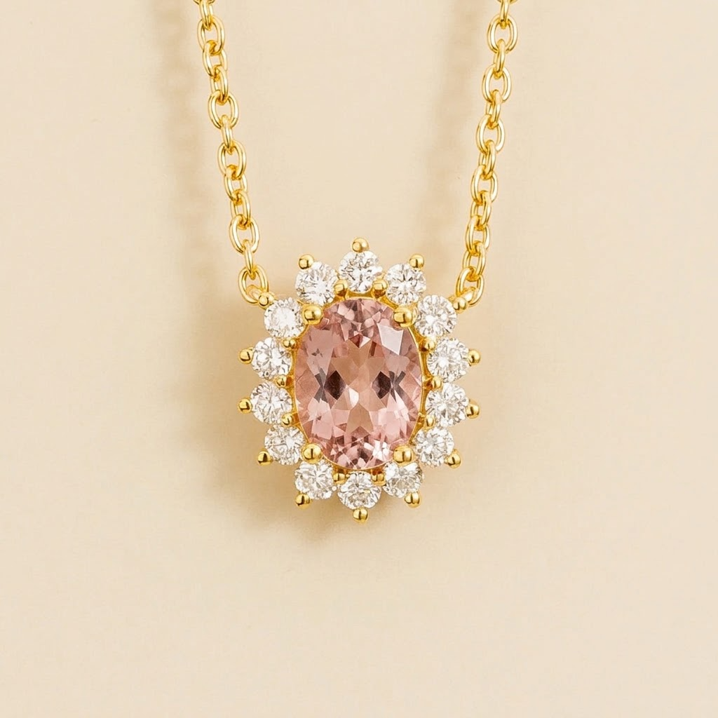 Divo Classic morganite and diamond oval halo necklace in gold