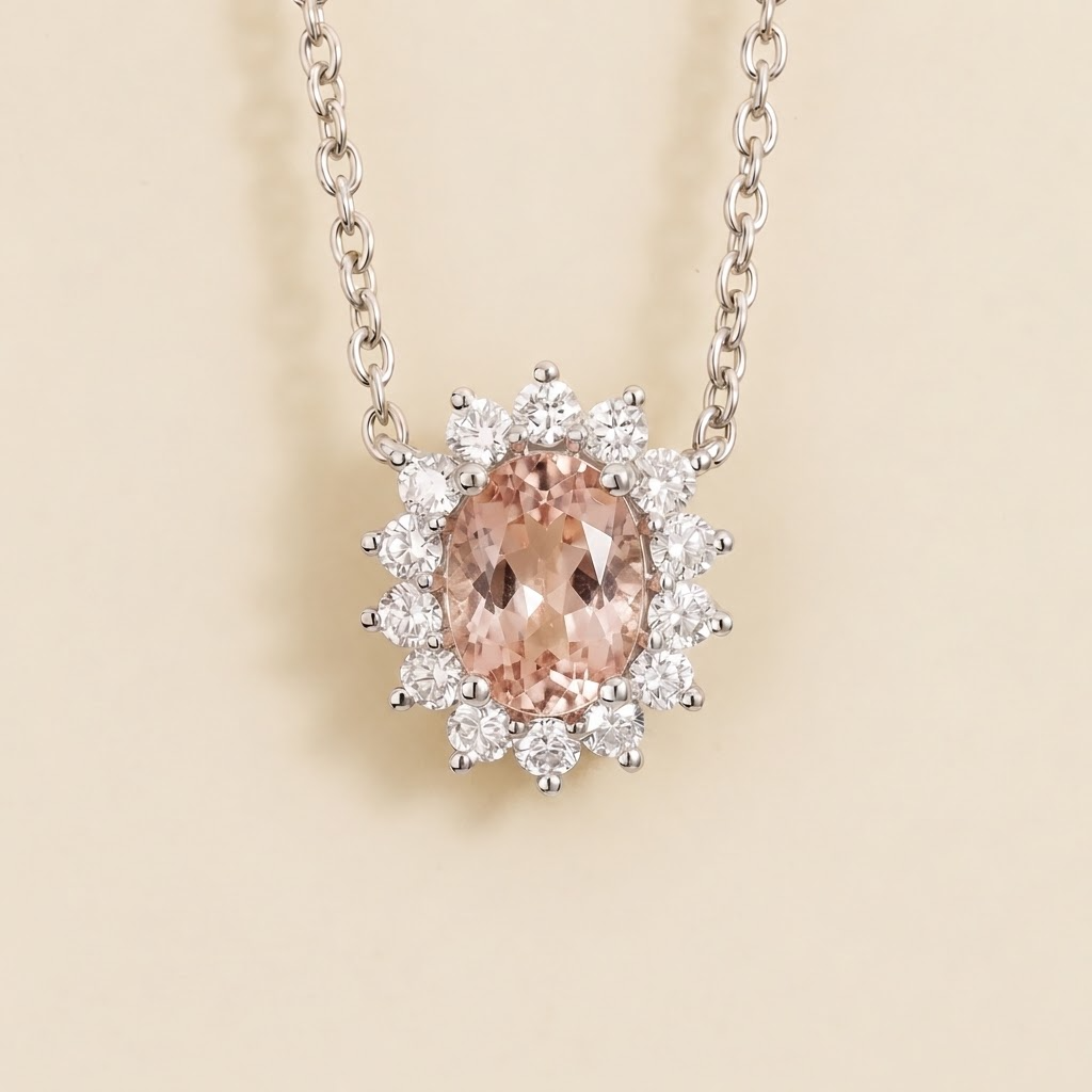 Divo Classic morganite and diamond oval halo necklace in white gold