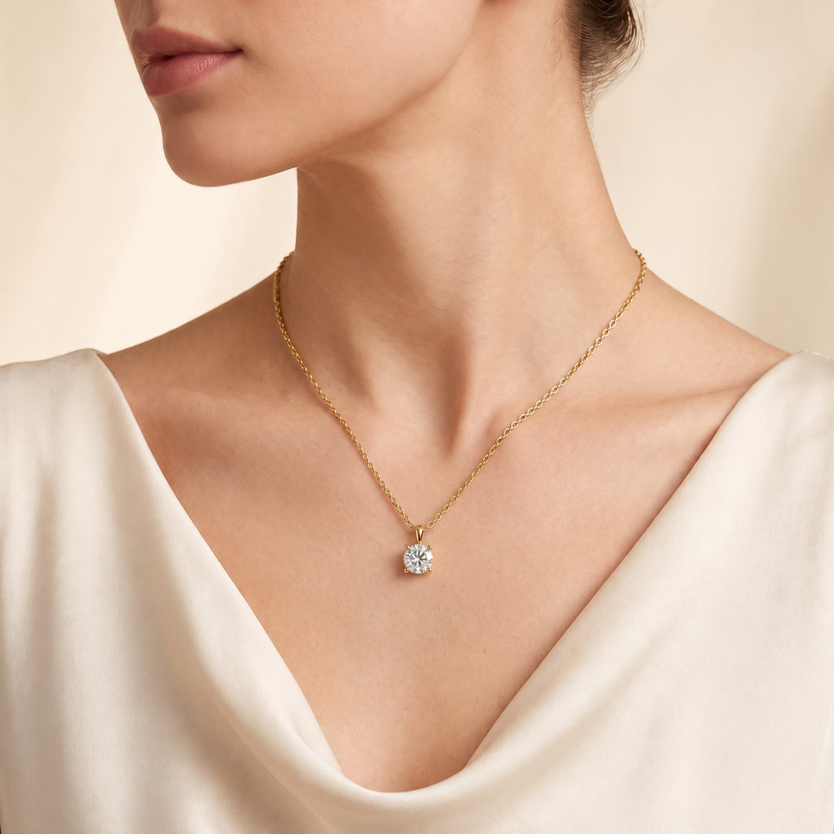 Nina round lab-grown diamond solitaire pendant necklace in gold – on model | Juvetti