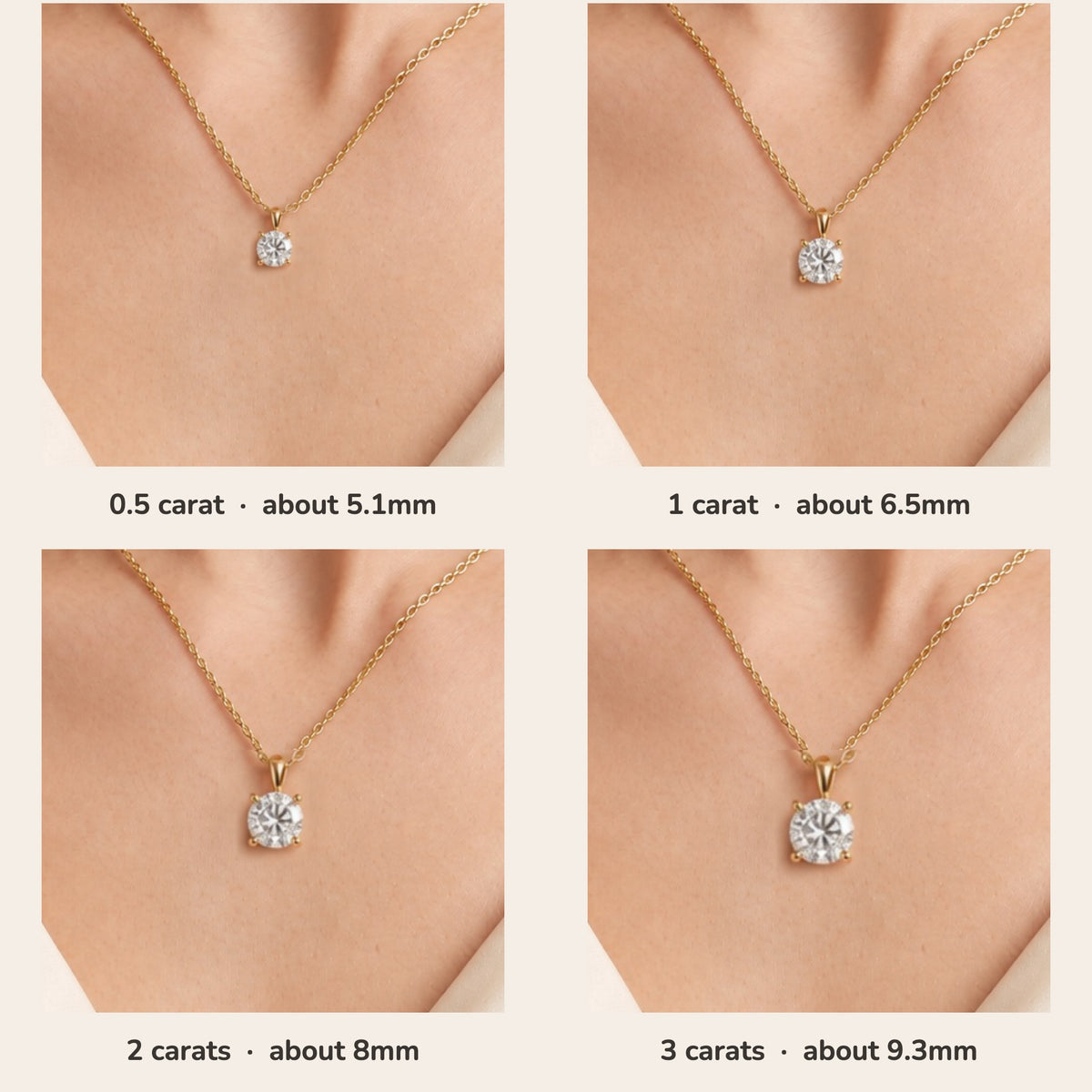 Nina round lab-grown diamond solitaire pendant necklace in gold – size guide on model (0.5 to 3 carats) | Juvetti