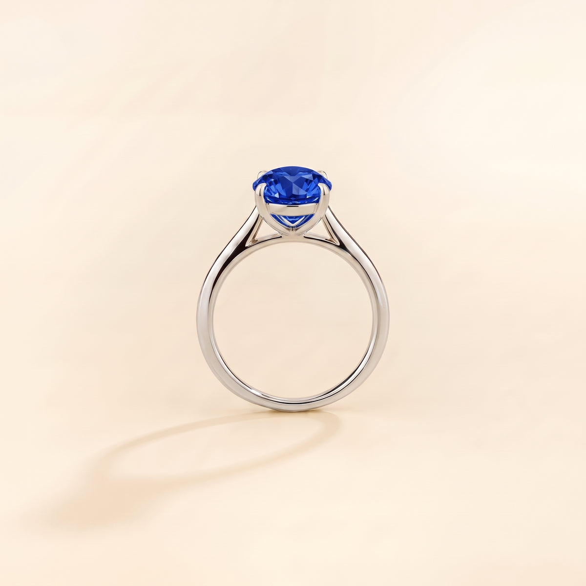 Nina Round Shape Blue Sapphire Cathedral Solitaire Ring in White Gold, side profile view