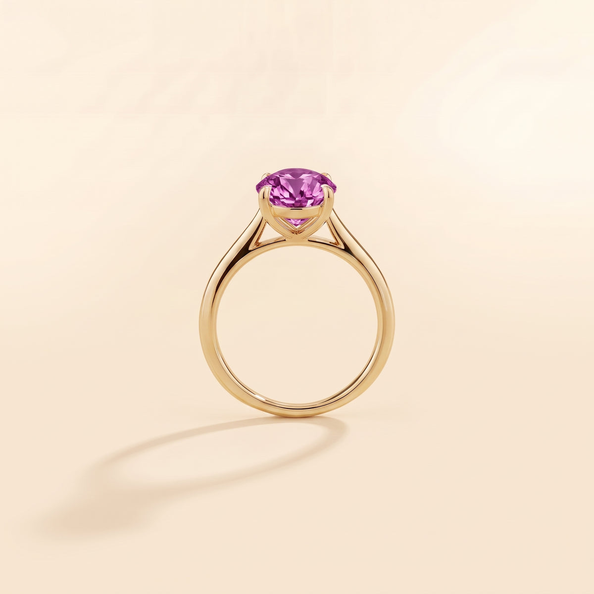 Nina Round Shape Purple Sapphire Cathedral Solitaire Ring in Gold, side profile view