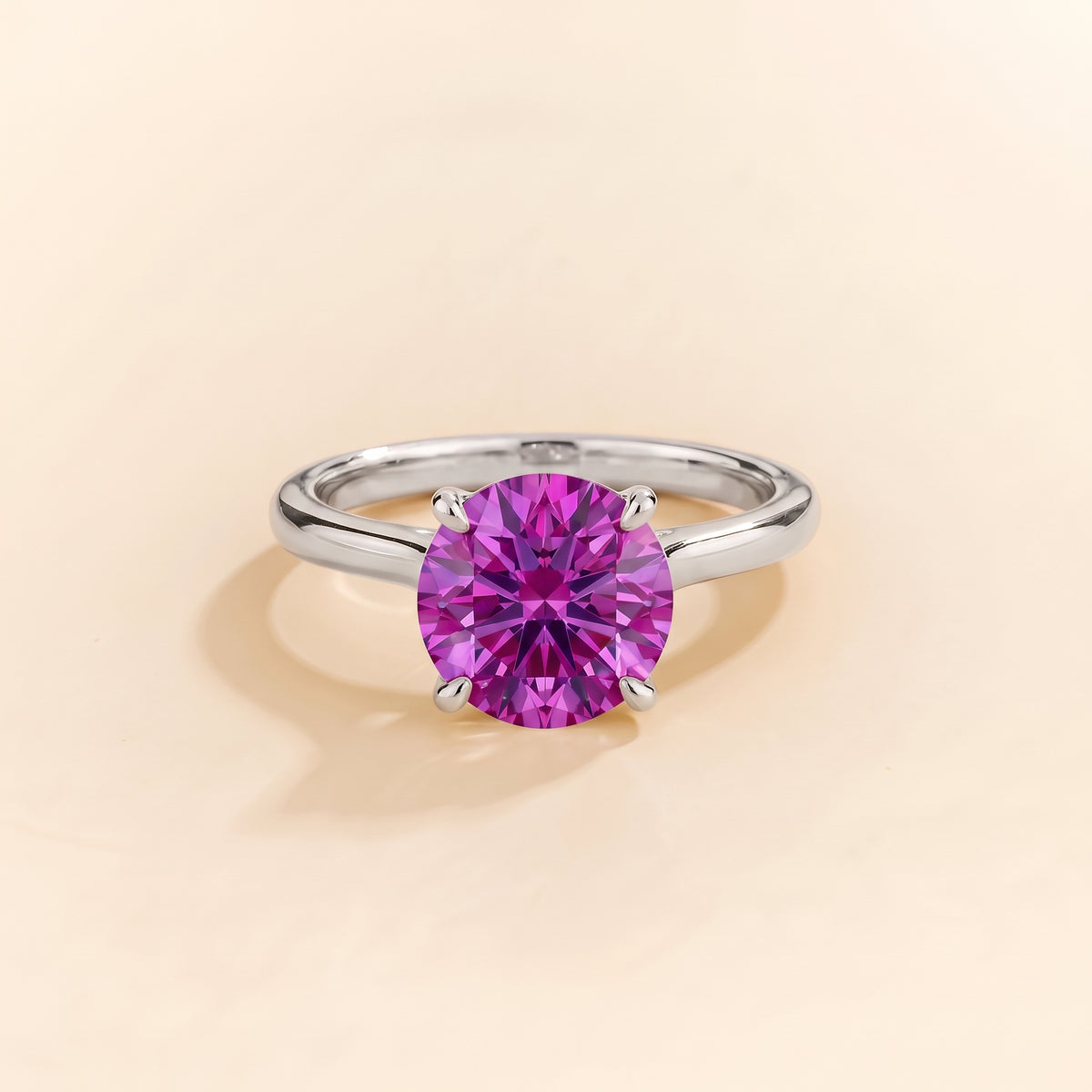 Nina Round Shape Purple Sapphire Cathedral Solitaire Ring in White Gold, front view