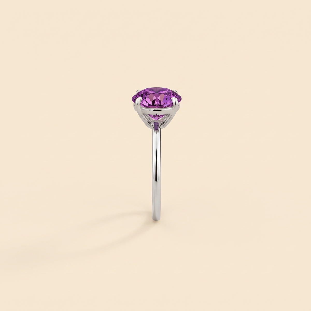 Nina Round Shape Purple Sapphire Cathedral Solitaire Ring in White Gold, side edge view