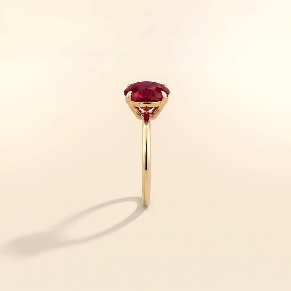 Nina Round Shape Ruby Cathedral Solitaire Ring in Gold, side edge view