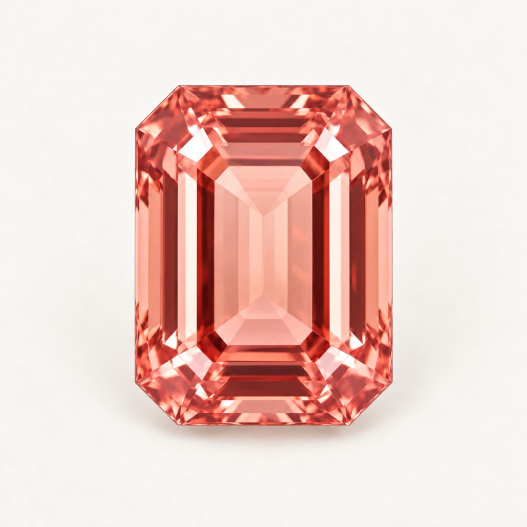 Padparadscha lab-grown sapphire, emerald cut