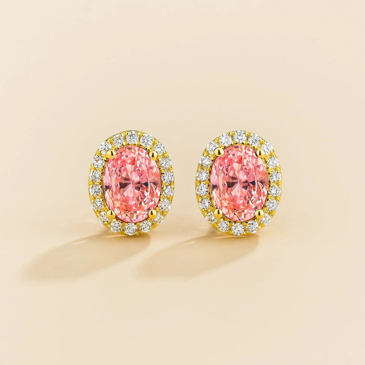 Lab-grown padparadscha sapphire and diamond oval halo stud earrings in gold – front view | Mina by Juvetti