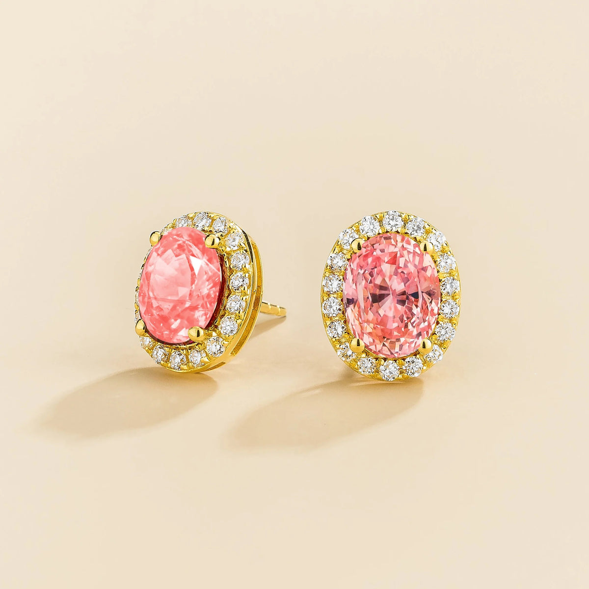 Lab-grown padparadscha sapphire and diamond oval halo stud earrings in gold – side view | Mina by Juvetti