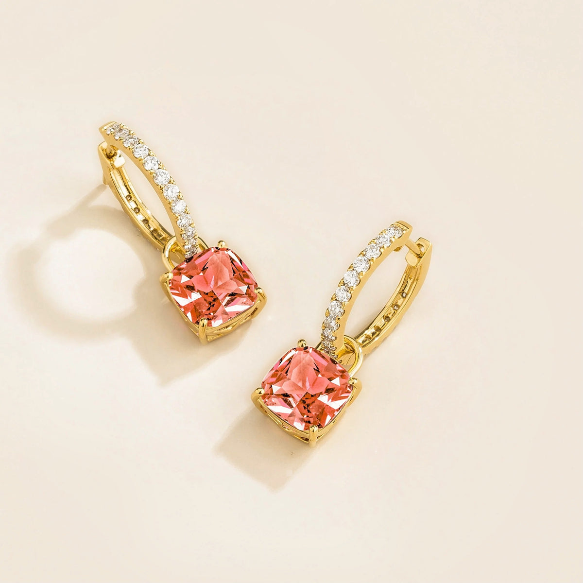 Padparadscha Sapphire Cushion Cut & Diamond Hoop Drop Earrings in Gold