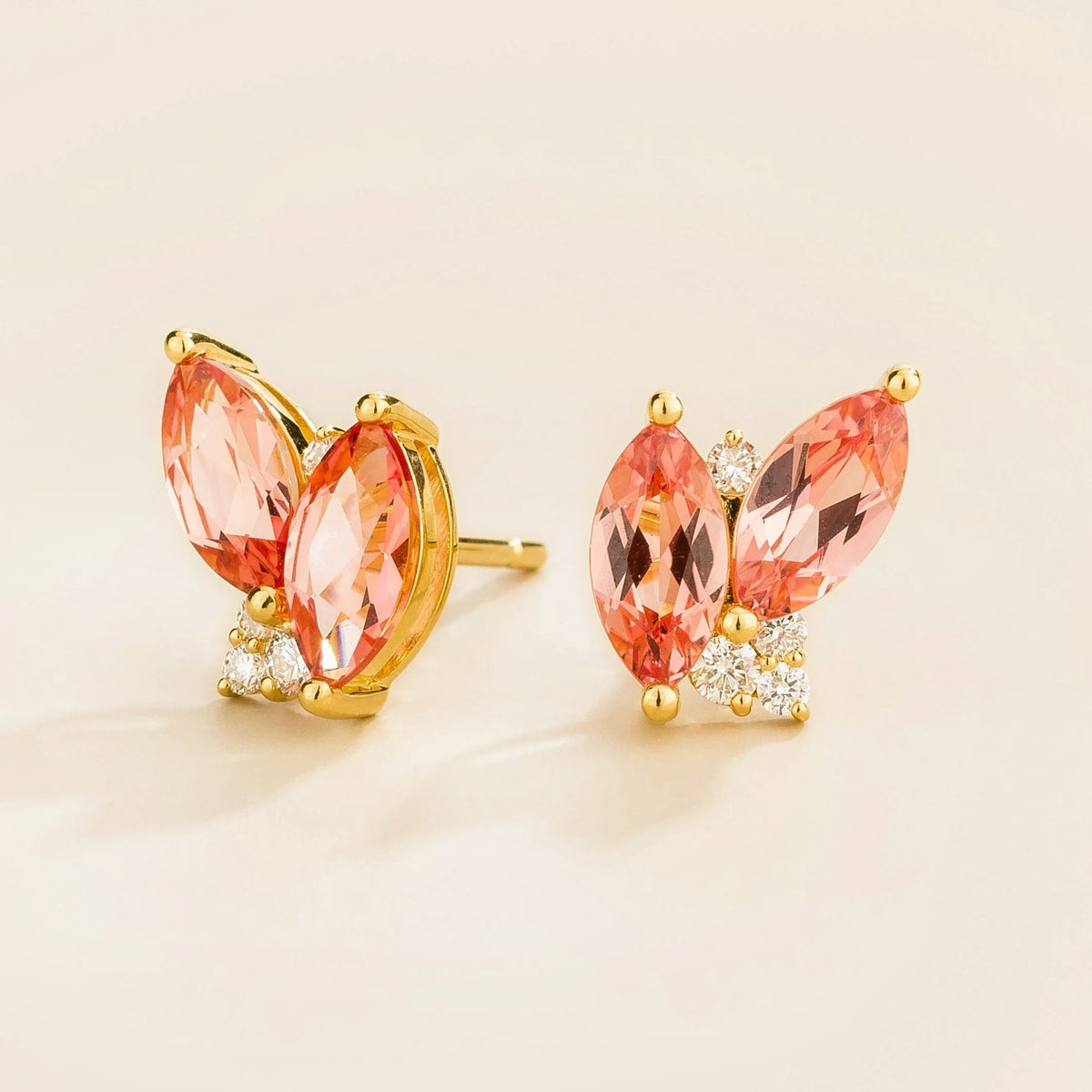 Marquise Padparadscha Sapphire & Diamond Cluster Stud Earrings in Gold