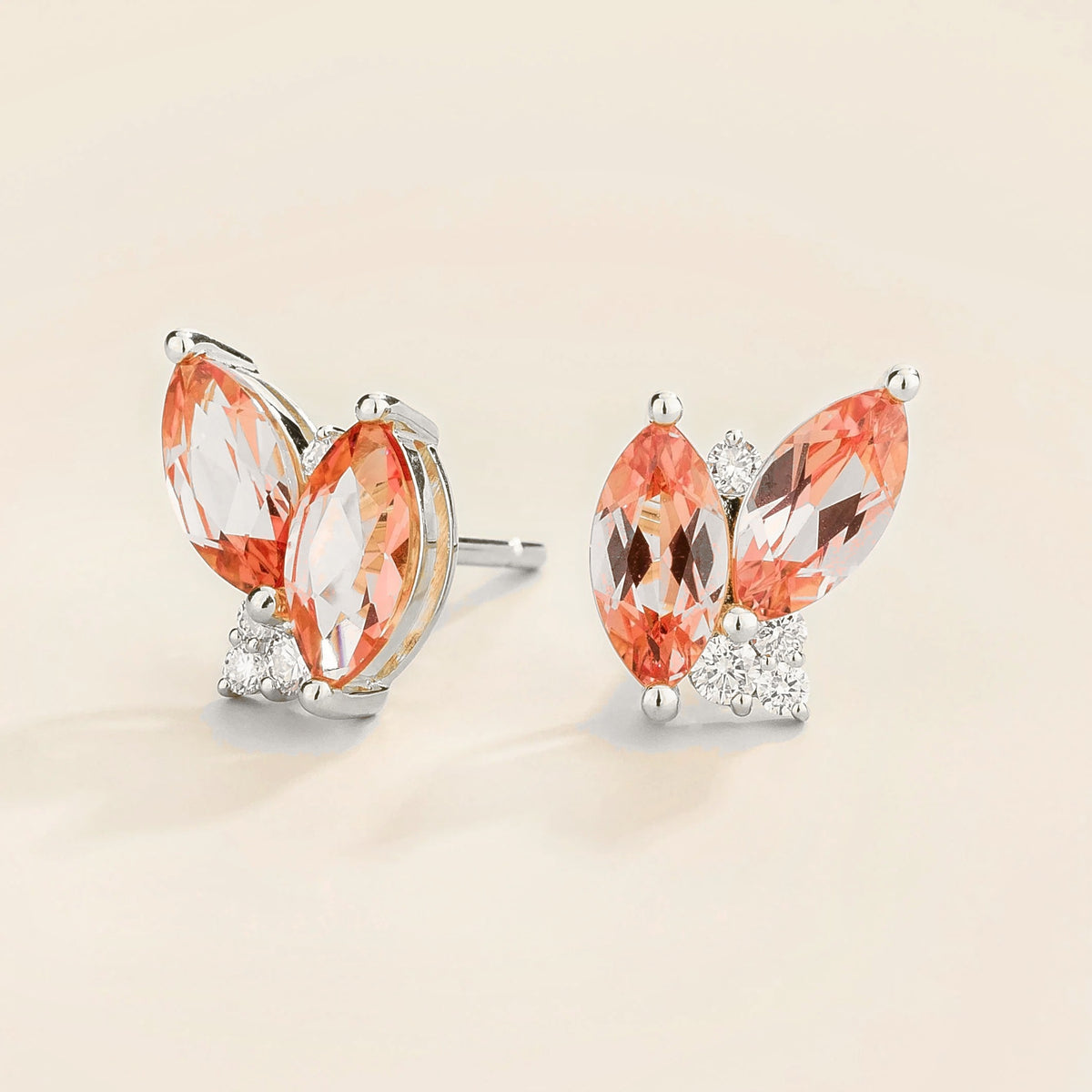 Vento Marquise Padparadscha Sapphire & Diamond Cluster Stud Earrings in White Gold