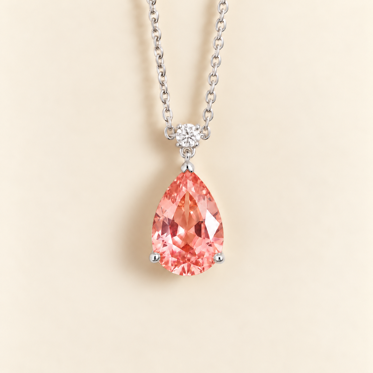 Pisa padparadscha sapphire and diamond large pear drop pendant necklace in white gold