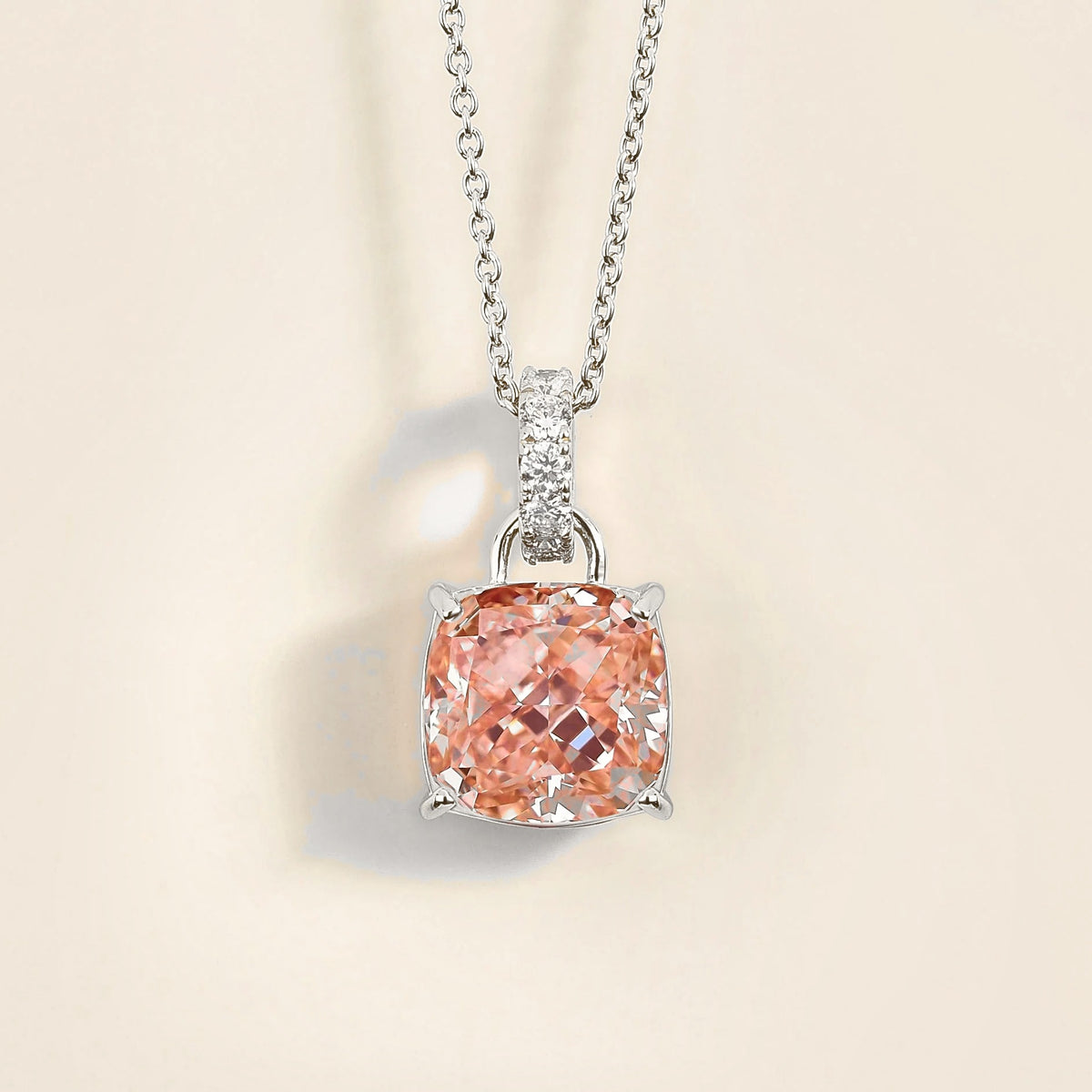 Cushion-Cut Padparadscha Sapphire & Diamond Hoop Pendant Necklace in White Gold